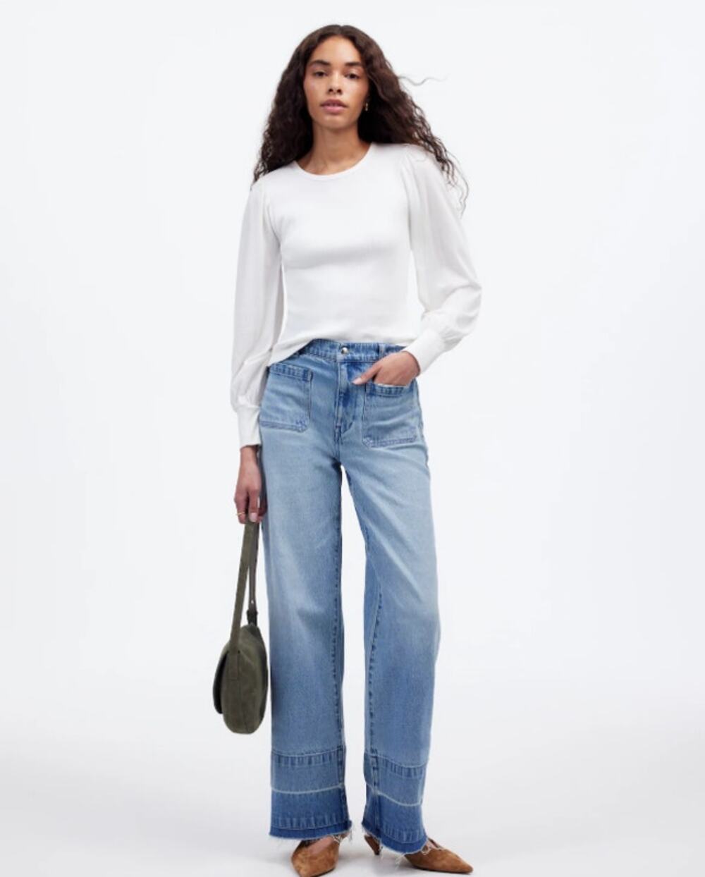 Madewell Ribbed Puff-Sleeve Top WMNS 2XS White Long Sleeve Slim Pullover Cotton
